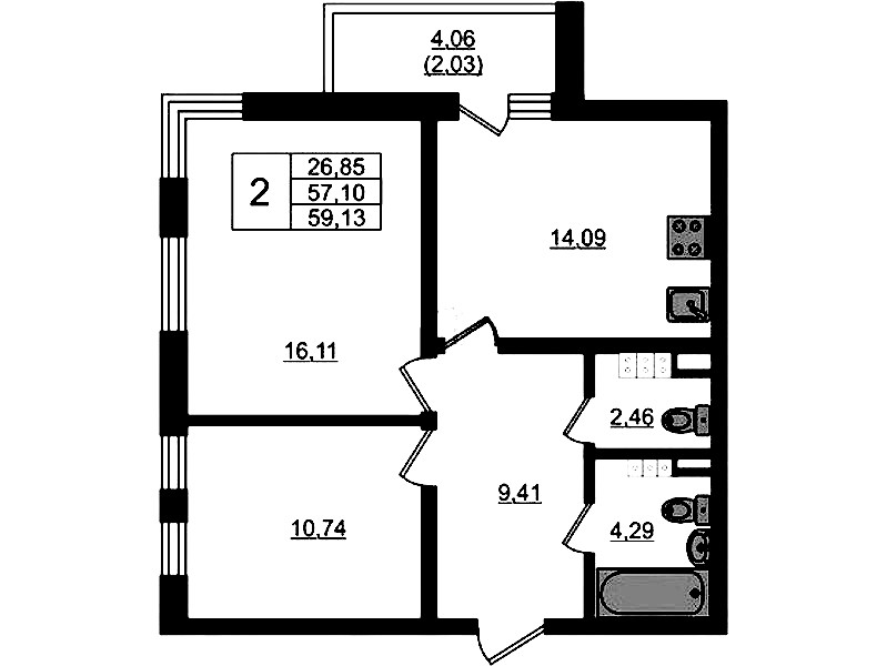 2-комнатная квартира 59.13 м², 4/4 эт., ЖК «Новая история»